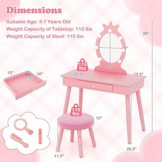HONEY JOY Kids Vanity with Lights, Princess Wooden Makeup Table & Stool with Drawer, 3-Color LED Lights, Toddler Dressing Vanity for Little Girls, Pretend Play Kids Vanity Table and Chair Set (Pink)
