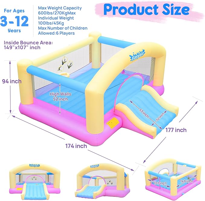 Large Bounce House for Big Kids, 14.8 x 14.5 FT Inflatable Bouncer Jumper Slide with 650W Blower, Basketball Hoop, Throw Ball Game, Ball Pits Yellow