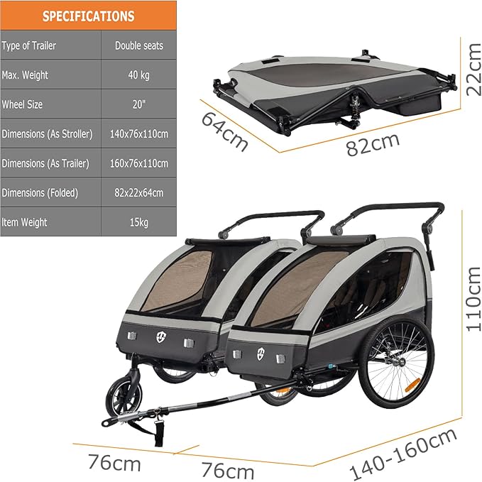 TIGGO VS Suspension Bike Trailer & Stroller 2 in 1 Double Seat for Toddlers, Kids, Child Bicycle Carrier Jogger