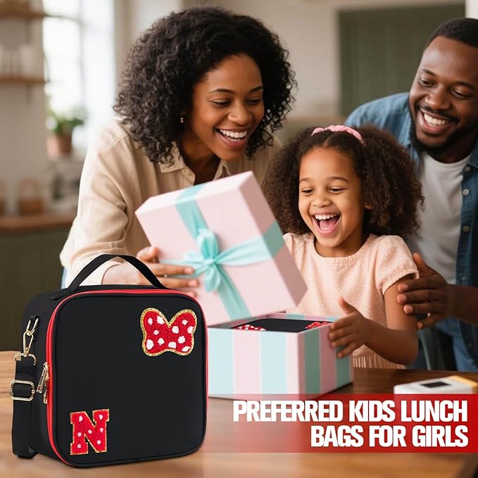 Preppy Initial Bow Mouse Lunch Bag, Kids Insulated Lunch Box Gifts for Teen Girls Daughter, Reusable Soft Lunch Containers Crossbody Cooler Bag Must Haves for Park Travel School Work Picnic Black N