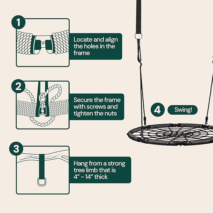 PLAYVIBE Spider Web Tree Swing - 40-Inch Black Saucer - 440 lb Capacity & 900D Oxford Waterproof Fabric - Heavy-Duty Steel Frame & Hanging Straps - Outdoor Swing Set Accessories - for Toddlers