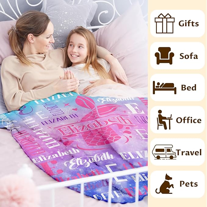 Mermaid Gifts, Personalized Girls Throw Blanket with Name for Kids 4-6, Custom Monogram Blankets for Daughter Niece Toddler, Mermaid Stuff Themed Throws for Cars Travel Camping Party Decor