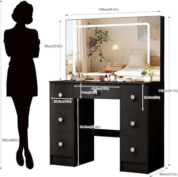 Black Vanity Desk with Large Mirror and Lights, 39.4''W Makeup Vanity with 3-Color Light Adjustable Brightness, 7 Drawers & Open Shelves, Big Vanity Desk for Bedroom, Girls & Women, 3429LED