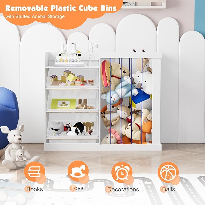 Naches Kids Toy Organizer and 4-Tier Montessori Bookshelf with 3 Bins, 3-in-1 Toy Shelves and Stuffed Animal Storage for Playroom, Nursery, Baby Room (White)