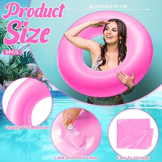 8 Pcs Large Inflatable Pool Float 36 Inches Swimming Ring Pool Floats Adult Inflatable Tube for Summer Vacation Beach River Bachelorette Wedding Party Supplies