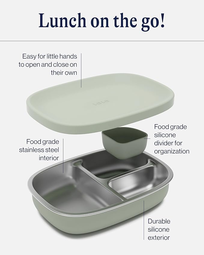 Lalo Bento Box - BPA-Free Bento Box For Kids & Toddlers, Leak-Proof, Dishwasher Safe, Easy to Open & Clean Silicone & Stainless Steel Lunch Box For Kids, Portable for Daycare or Travel - Sage