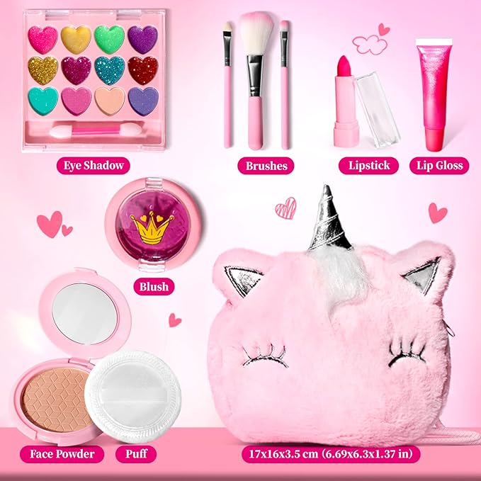 ULOVEME Kids Real Makeup Kit for Girls with Fluffy Purse - Real, Non Toxic, Washable Make Up Toy - Umicorn Toys Gift for 3 4 5 6 7 8 Years Old Girls Birthday (Pink Umicorn)