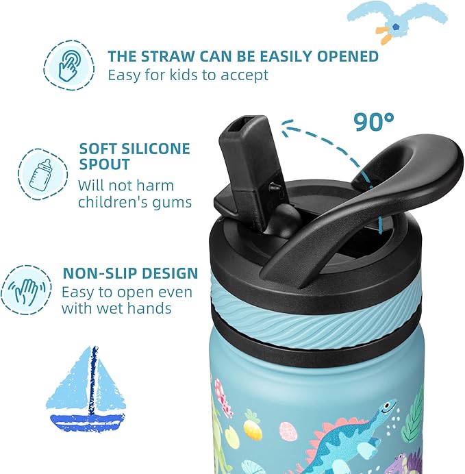 Fanhaw 18 Oz Kids Insulated Water Bottle with Straw - Stainless Steel Double Wall Vacuum Cup, Leakproof, BPA Free, Suitable for Boys and Girls(Cyan - Dinasours World)