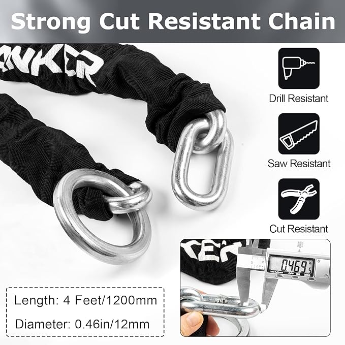 Titanker Motorcycle Chain Lock, Heavy Duty Bike Chain Lock with 2 Keys, Bike Locks with 14mm Thick U Lock for Bicycles, Motorbikes, Mopeds, Scooters (3FT,4FT)(6mm Chain,12mm Chain)