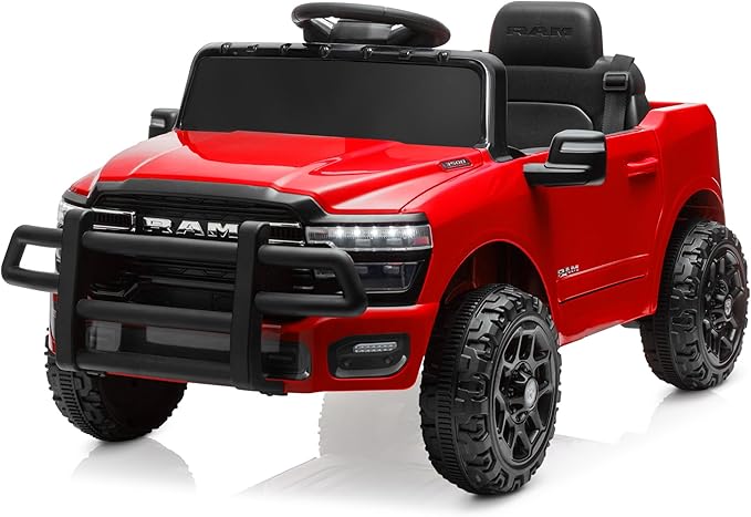 Kidzone Ride On Truck for Kids, Licensed RAM 3500 12V Battery Powered Electric Car Toy with Remote Control, LED Lights, Bluetooth Music & Rear Suspension - Red