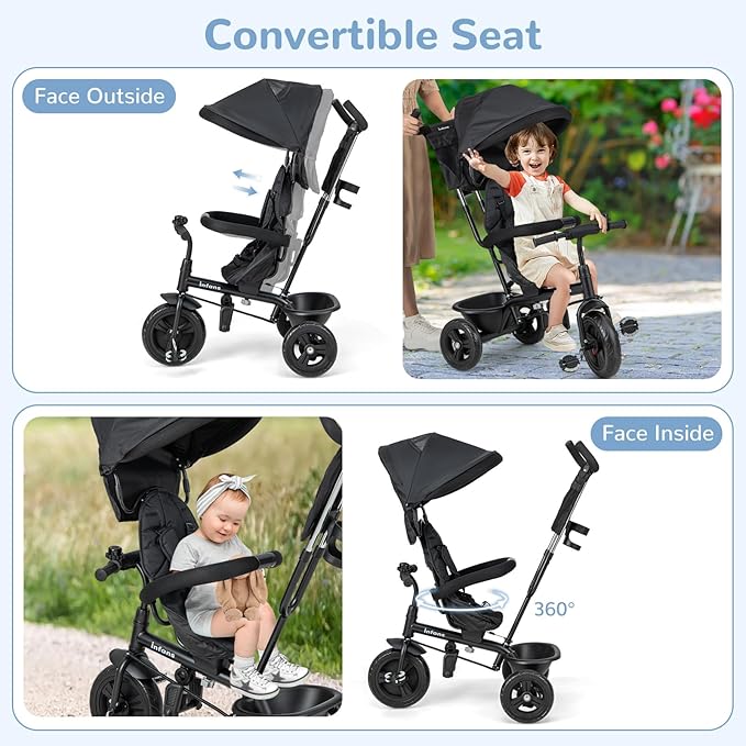 INFANS Kids Tricycle, 6 in 1 Baby Trike Toddler Bike with Reversible Seat, Adjustable Push Handle, Control Direction, Removable Canopy, Safety Harness, Belt, Storage, 9-60 Months (Black)