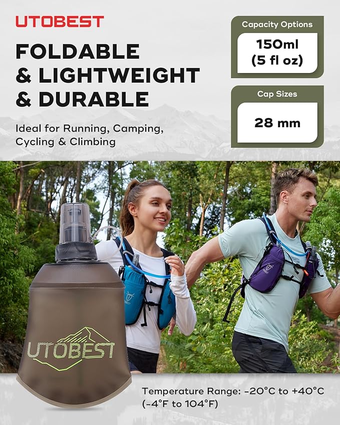 UTOBEST 150ml Soft Flask, 2 Pack Flexible TPU Hydration Water Bottle, Collapsible with 28mm Caliber for Running, Hiking, Cycling, Climbing, and Marathon Green