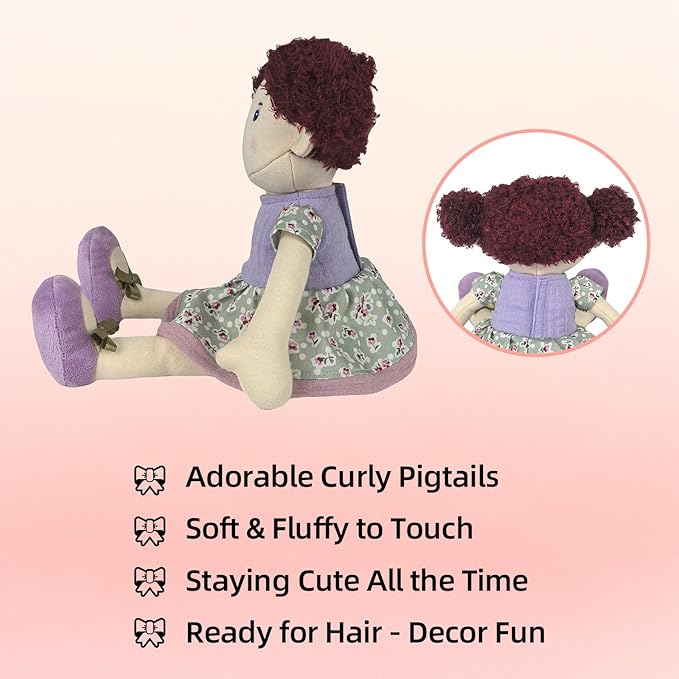 12“ Soft Baby Doll Plush Rag Doll Toy, Plush Dolls in Dress with Curly Pigtails, Floral Polka - Dot Dress, Soft Stuffed Toys Adorable Toddler Gift