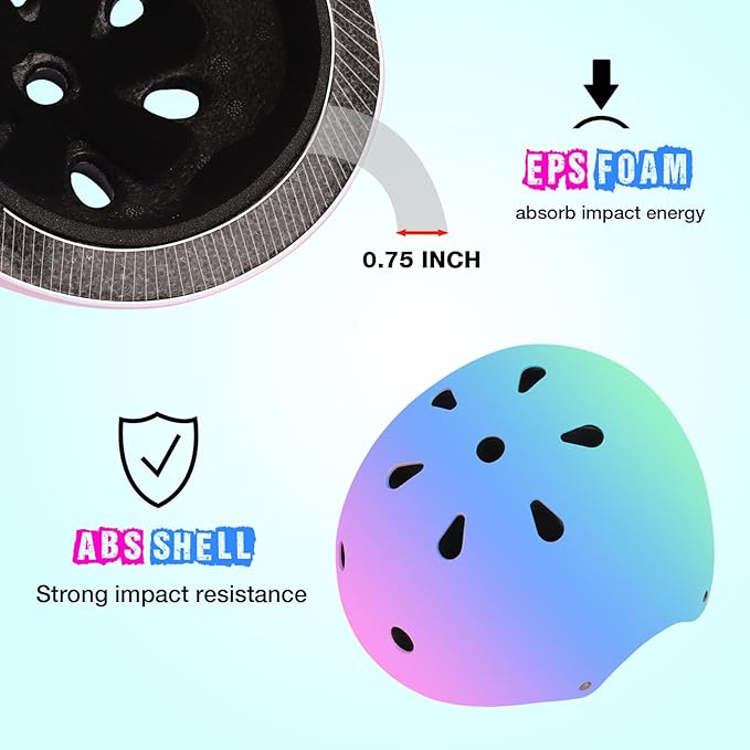 Color Gradient Adjustable Bike Helmet with Knee and Elbow Pads - Kids Toddler Boys and Girls Skateboard Helmet for Ages 3-14 | Ideal for Riding, Scooters, Inline Skating, Longboarding, Roller Skating