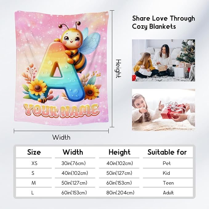 Personalized Blankets for Kids - Bee Blanket for Girls Boys - Custom Name Gifts for Daughter Son - Cute Monogram Fleece Throws - 4 Sizes for Toddler/Children/Teens/Adults