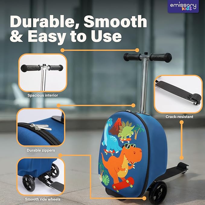 emissary Scooter Luggage for Kids – Ride-On Suitcase, Scooter Ride Luggage, Lightweight Carry-On Suitcase Kid Travel Bag (Blue)