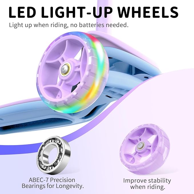 BELEEV A8 Scooter for Kids Ages 3-12, 3 Wheel Folding Scooter for Toddlers Girls Boys, LED Light-Up Wheels, 4 Adjustable Height, Lean to Steer, Extra Wide Wheels, Three Wheel Kick Scooter for Children