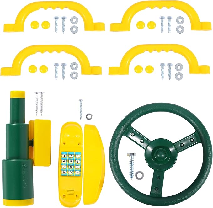 RedSwing Playground Accessories for Kids, Outdoor Swingset Attachments with Pirate Ship Wheel, Toy Telescope, Telephone and Safety Handles (Yellow and Green)