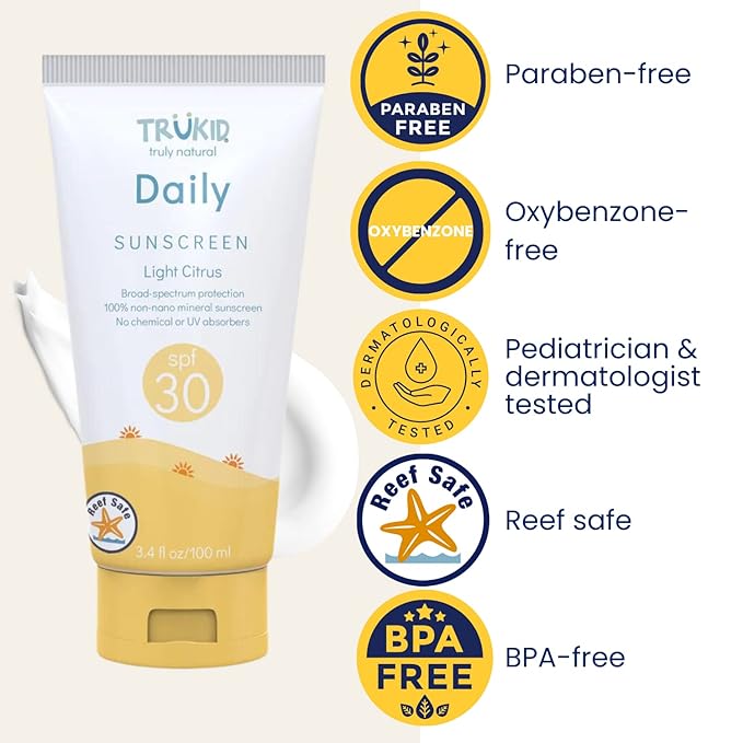 TruKid Daily Mineral Sunscreen SPF 30 - All Natural Kids & Baby Sunscreen for Face & Body, Non-Toxic Zinc Oxide Sunblock Protection for Sensitive Skin, Light Citrus, FSA Eligible, Travel Size 3.4oz