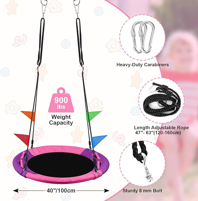 Odoland Kid Tree Swing - 40in Saucer Swings for Outdoor - Chidren Round 900D Waterproof Oxford Platform Swing - 660Lb Weight Capacity for Yard Pink