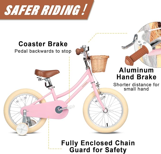 Petimini Girls Bike with Basket for 2-12 Years Old Kids, 12 14 16 18 20 Inch Bicycle with Bell Training Wheels Basket, Multiple Colors
