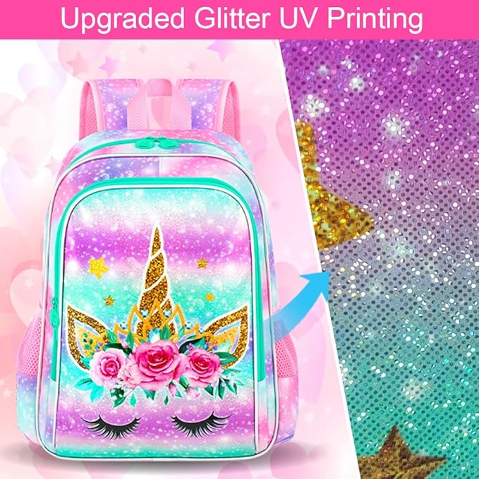CCJPX 3PCS Unicorn Backpack for Girls, 16”Kids Bookbag with Lunch Box, Cute Water Resistant Elementary School Bag for Kindergarten Preschool Toddler
