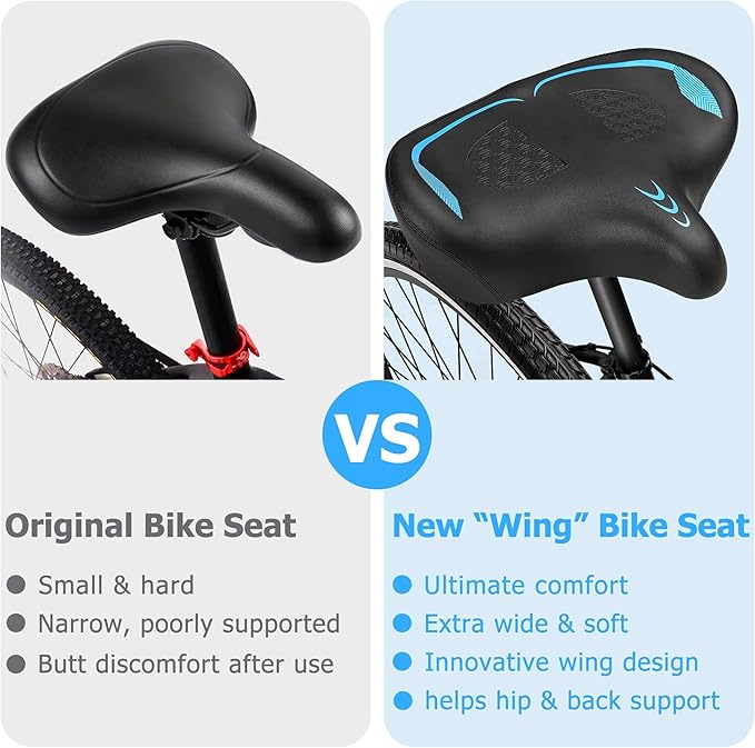 Oversized Bike Seat for Men & Women Comfort, Extra Wide Bicycle Seat Cushion, Comfortable Wing Padded, Large Replacement Saddle for Peloton, Stationary Exercise Bike, Ebike, Cruiser, City Bike