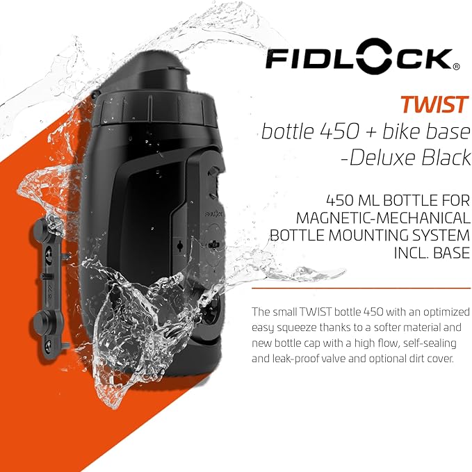 FIDLOCK Twist Bottle 450ml/15oz + Base Systems | New Leak-Proof, Self-Sealing Bottle Cap | Bike Water Bottle Holder with No Screws & Attached Bottle | Cage Free Magnetic Rack | Black