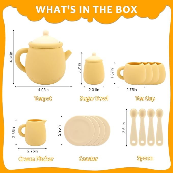 MCGMITT Toy Tea Set, Silicone Tea Party Set for Little Girls Boys, 15 Pcs BPA Free Dishwasher Safe Pretend Tea Set for Toddlers Kids Age 3-6, Non Breakable Cute Toy Kitchen Accessories for Children