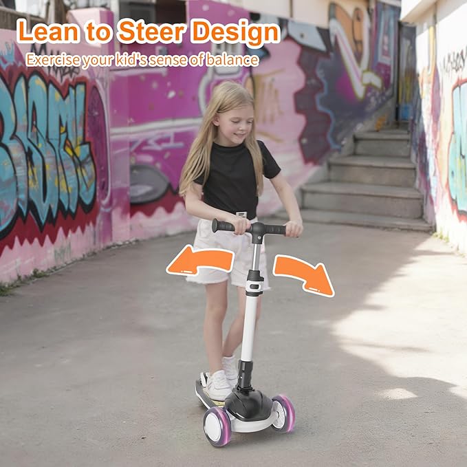 Kick Scooter Kids with LED Lighted Wheels and 3 Adjustable Height, Lean-to-Steer & Widen Anti-Slip Deck, 3 Wheel Scooter for Boys & Girls Up to 110 Lbs