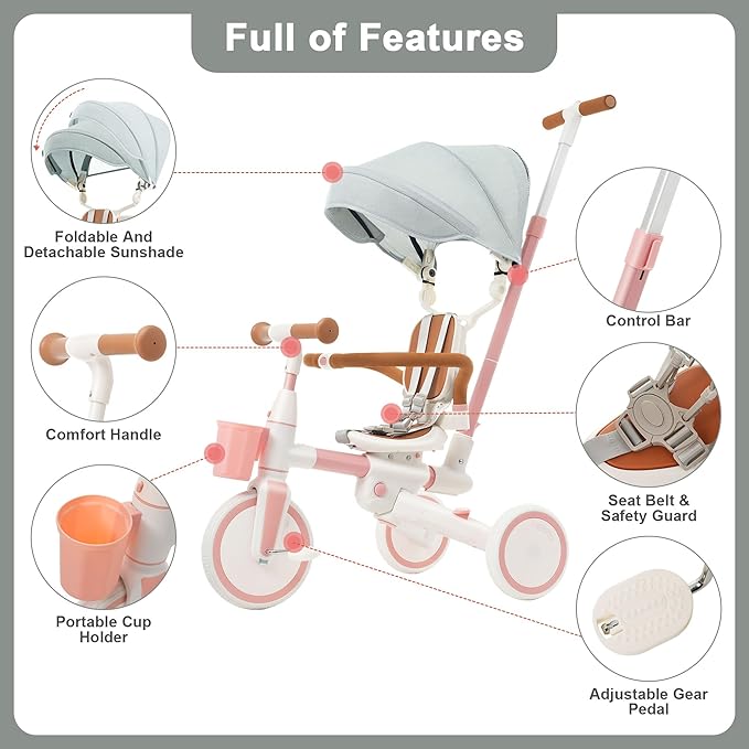 Foldable Kids Tricycle with Adjustable Pedals, Removable Canopy Cup Holder Safe, Portable Toddler Bike