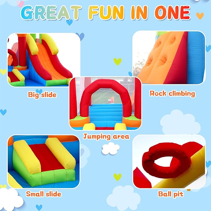 6-in-1 Bounce House with Climbing Wall, Slide & Ball Pit, Inflatable Bouncy Castle with Blower & Basketball Hoop for Backyard, Playground for Kids Toddlers Ages 3-12 (12.5′D x 8.6′W x 7′H)