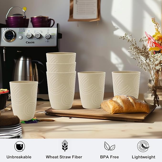 12 oz Wheat Straw Cups Set of 6, Alternatives to Plastic Cups Reusable, Unbreakable Water Cups, Dishwasher Safe Kitchen Cup, Small Water Cups for Kitchen (Beige)