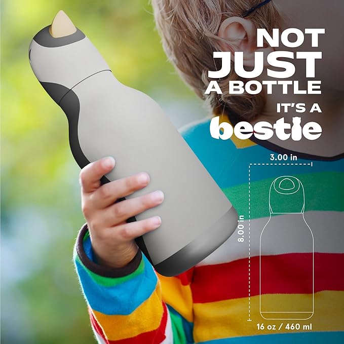 asobu Bestie Bottle Insulated Stainless Steel Water Bottle with Detachable Soft Animal Head Fun Drinking For Kids and Teens with Flexible Reusable Straw 16 Ounce (Penguin)