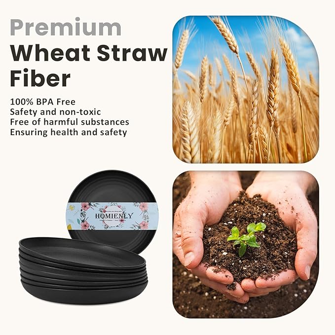 Homienly Wheat Straw Plates Set - 11 inch Reusable Large Dinner Plates Set of 8, Lightweight Unbreakable Salad Plates, Microwave and Dishwasher Safe Plates, Deep Plates for Dinner, Camping - Black