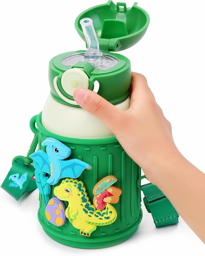 Kids Insulated Tumbler Set – 16 oz Stainless Steel Bottle with 2 Lids (Straw + Pour), Screw-On Cup, Adjustable Strap, Silicone Sleeve + 8 Charms – BPA-Free, Gift-Ready (Dinosaur)