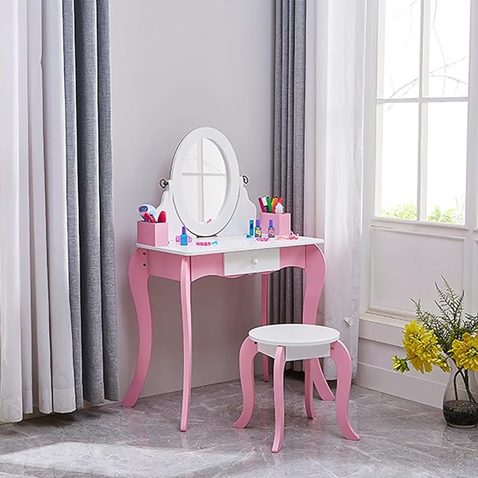 Wooden Vanity Set with 360° Swivel Mirror (Whiteboard & Mirror) & Stool, Kids Makeup Dresser Table with Anti-Tip Design, Storage Drawer for Ages 4-9 Girls, Ideal Gift for Birthday/Christmas