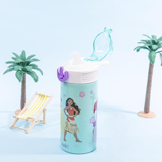 Zak Designs Disney Princess Kids Water Bottle For School or Travel, 14oz Stainless Steel Water Bottle With Straw, Handle, and Leak-Proof, Pop-Up Spout Cover (Ariel, Moana, Snow White, Tiana)