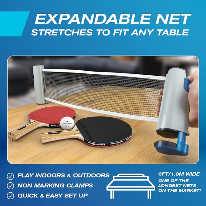 PRO-SPIN Portable Ping Pong Set with Retractable Ping Pong Net for Any Table, All-in-One Table Tennis Set with Ping Pong Paddles, Balls & Case, Table Top Family Game