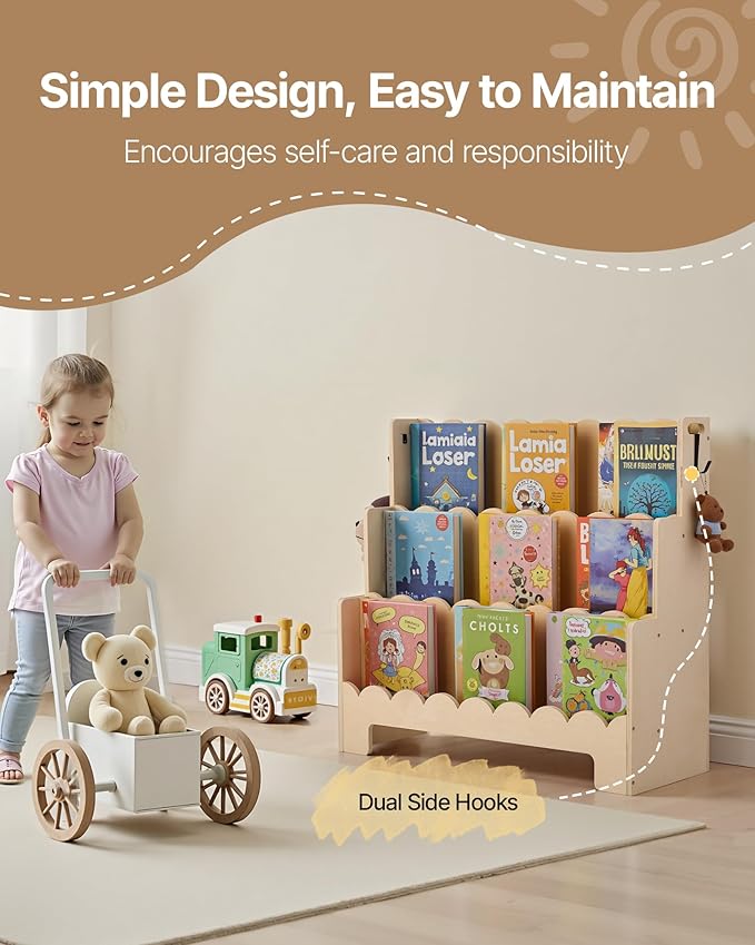 VEVOR 3-Tier Montessori Bookshelf, Scalloped Kids Bookcase, Wooden Book Shelf with 2 Dual Hooks, Daycare Furniture Display Bookshelf for Bedroom, Living Room, Entryway, Nursury, Preschool