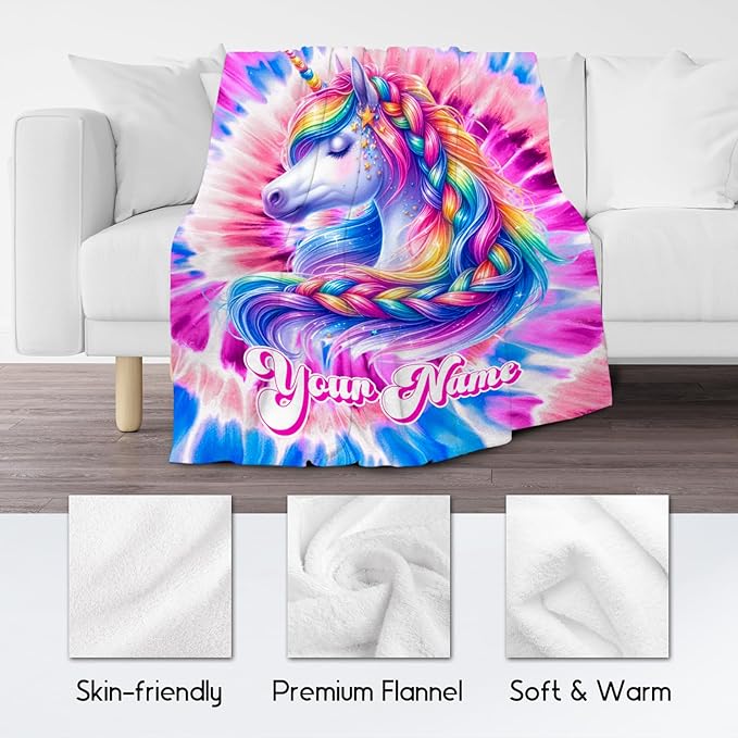 Girls Blanket, Personalized Unicorn Blanket Gifts for Girls, Tie Dye Rainbow Throw, Custom Flannel Kids Throws for Unicorn Lovers (4 Sizes)