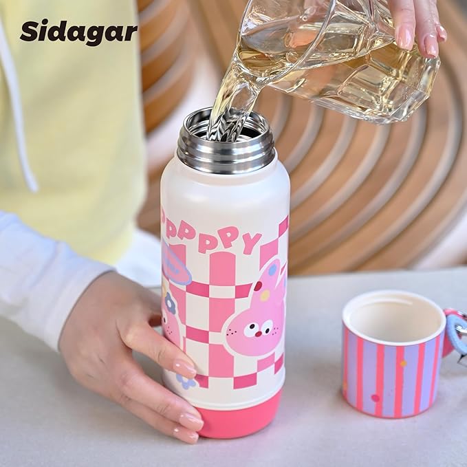 20 oz Cute Tumbler witn Lid and Straw, Insulated Stainless Steel Kids Water Bottle with Strap, Travel Leak Proof Coffee Cup, Rabbit