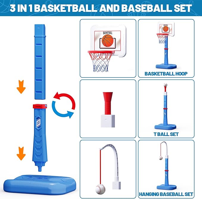 3 in 1 Kids Basketball Hoop and T Ball Set, Adjustable Height Toddler Basketball Hoop, Hanging Tee Baseball, Indoor Outdoor Sports Toys Gifts for Toddlers Boys Girls Ages 3 4 5 Year（Blue