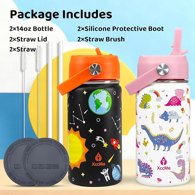 Kids Water Bottle With Straw Lid,2 PACK 14 oz Stainless Steel Travel Bottle,Double Wall Leak Proof Kids Cup,Insulated Tumbler for Toddlers,Metal Bottle for School Boys Girls((Space+Dinosaur)