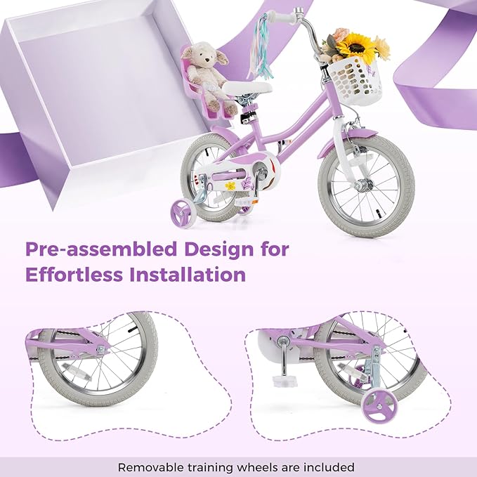 BABY JOY Kids Bike, 12 14 16 18 Inch Children Bicycle w/Detachable Training Wheels, Storage Basket, Adjustable Seat & Handlebar, Bow or Streamer, Girls Bike for 3-8 Years Old