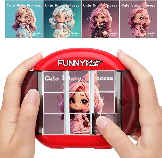 Rotating 3D Puzzle for Kids 3 4 5 6 7 Year Old, 4 Puzzles in 1, Handheld Game Fidget Toys for Travel, Cars & Plane, Fine Motor Skills Developing (Cute Little Princess)