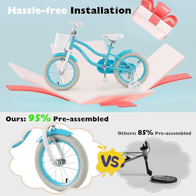 BABY JOY Kids Bike, 12 14 16 18 20 Inch Boys Girls Bike w/Adjustable Seat, Removable Basket, Handbrake & Coaster Brake, Training Wheels or Kickstand, Kids Bicycle with Multi-Color