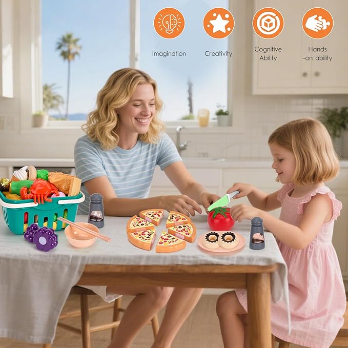 150Pcs Kitchen Playset, Toddlers Pretend Cooking Cookware Accessories, Food, Picnic Blanket, Fruits, Veges, 2Pack Shopping Storage Basket, Dessert and Prop Money, Gift for Kids (Pink)