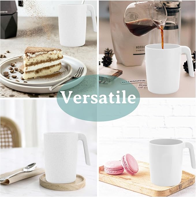 Wheat Straw Cups with Handles 16oz -Plastic Cups Reusable Set of 6-Unbreakable Coffee Mugs- Microwave & Dishwasher Safe Mug-Ideal Plastic Mugs for Tea,Coffee,Camping,RV-White