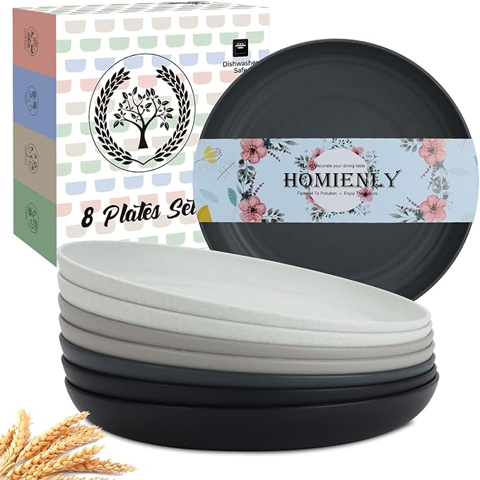 Homienly Deep Dinner Plates Set of 8 Alternative for Plastic Microwave and Dishwasher Safe Wheat Straw Kitchen Unbreakable Kids with 4 Colors (Stone Grey, 8 inch),(Deep plates-8)
